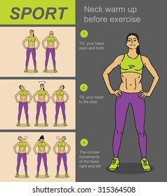 Fitness, sports, girl performs exercises step-by-step, set, warm up the neck pre-workout