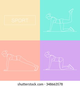 Fitness, sports, girl performs exercises. Female exercising silhouette. Keep fit exercise. Vector set of icons and signs in trendy linear style. Woman practicing fitness.