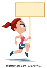 Fitness. Sports girl running with a blank banner. Cartoon styled vector illustration. Elements is grouped for easy edit. No transparent objects. Isolated on white.