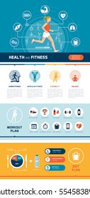 Fitness, sports, healthy diet and exercise infographics with woman running and abstract health concepts