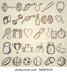 Fitness and sports icons. Hand drawn elements.