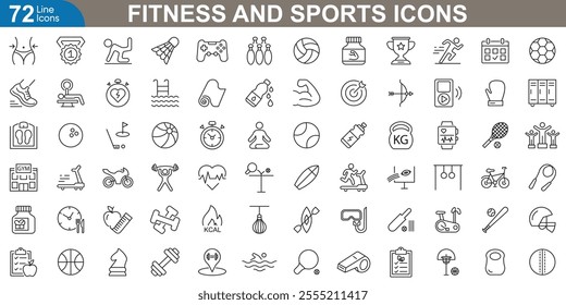 Fitness and sports line icons set. Dumbbell, running, stopwatch, kettlebell, treadmill, jump, basketball, heart rate and more. vector illustration