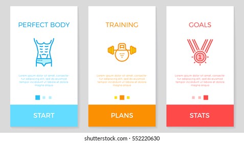 Fitness And Sports. Modern Interface UX, UI GUI Screen Template For Smart Phone And Web Design. With Thin Line Icons. Concepts For Mobile Apps. Vector Illustration