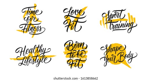 Fitness and Sports motivational quotes set. Hand drawn lettering with brush strokes shapes. Creative typography for prints, posters, t-shirts and sport clothes. Vector illustration.