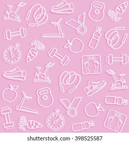 Fitness, sports, pink background. Vector seamless background with white line icons of the sports goods on a pink field.  