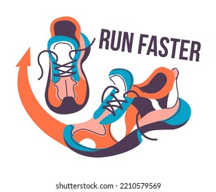 Fitness and sports, run faster with new sneakers. Isolated banner or logo of new product in a shop. Sportive equipment and wear. Training and working out, athletic shoes. Vector in flat style