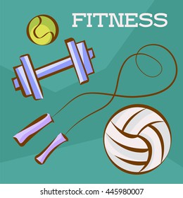 Fitness and sports set. Tennis and soccer balls, dumbbell and skipping rope. Vector illustrations in cartoon style for weight loss, sport and fitness articles, banners, posters