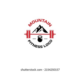 fitness sports vintage logo design in the mountains with kettlebell and barbell bar.