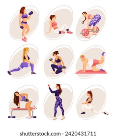 Fitness sporty girls. Set of women doing sport exercise with dumbbells. Wellness women workout. Healthy lifestyle characters. Collection of gym exercises. Colorful flat vector illustration