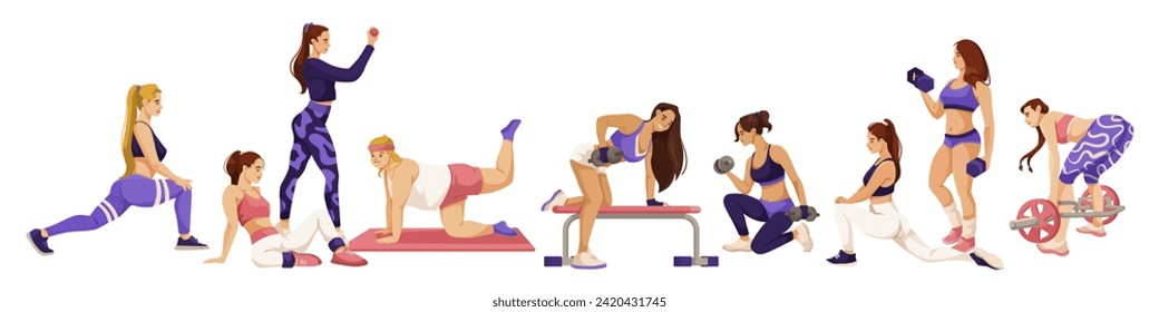 Fitness sporty girls. Set of women doing sport exercise with dumbbells. Wellness women workout. Healthy lifestyle characters. Collection of gym exercises. Colorful flat vector illustration