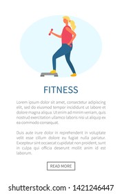 Fitness sporty webpage, side view of woman doing exercise with dumbbells on step, loss weight, active lifestyle, workout website with girl vector