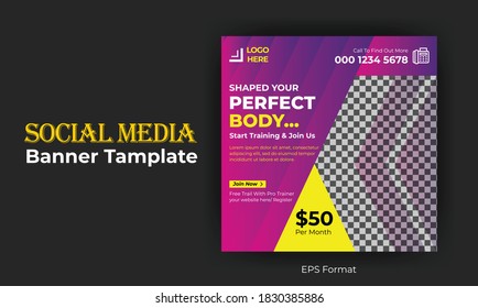 Fitness square social media post, web banner template. Promotional banner for social media post, vector eps 10