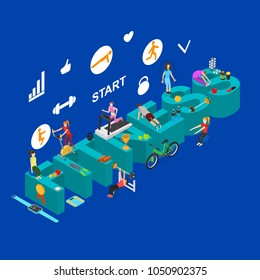 Fitness Start Workout Training Concept Isometric View Exercise Sport Activity People in Club for Presentation and Promotion on a Blue Background. Vector illustration of Fit