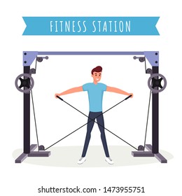 Fitness station workout flat vector illustration. Strong young man, bodybuilder working out with gym equipment cartoon character. Arm muscles training machine, healthy lifestyle, bodybuilding banner