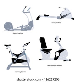 Fitness stationary machines. Gym equipment. Rowing, Elliptical stationary machines Vector illustration. 