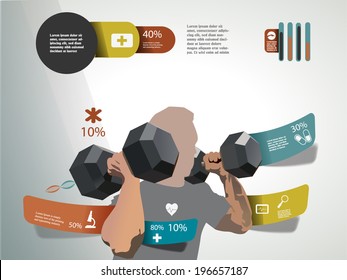 Fitness statistics and infographics man with dumbbell