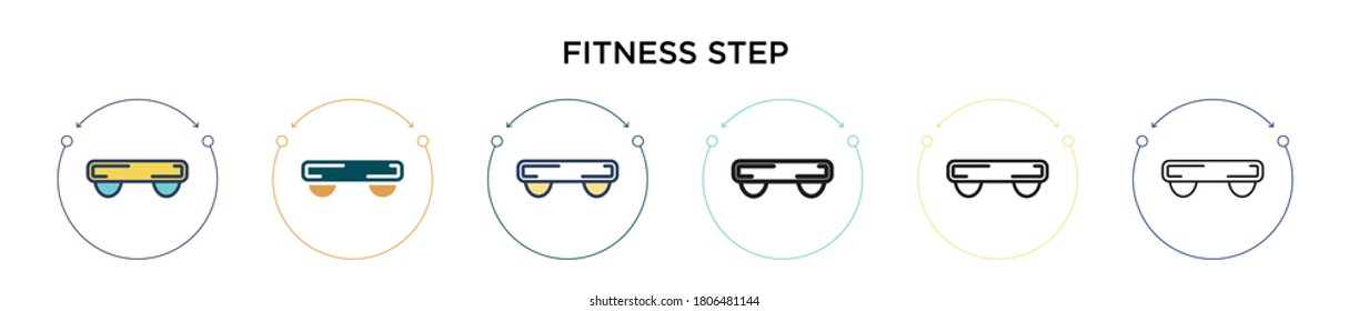 Fitness step icon in filled, thin line, outline and stroke style. Vector illustration of two colored and black fitness step vector icons designs can be used for mobile, ui, web