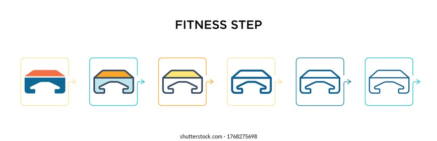 Fitness step vector icon in 6 different modern styles. Black, two colored fitness step icons designed in filled, outline, line and stroke style. Vector illustration can be used for web, mobile, ui
