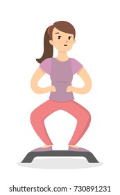 Fitness with stepper. Girl doing exercises on white background.