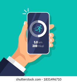 Fitness steps and run tracker app on mobile phone. Pedometer concept. Day activity and tracking data on smartphone display. Vector illustration.
