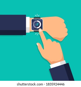 Fitness Steps And Run Tracker App At The Smart Watch. Pedometer Concept. Day Activity And Tracking Data. Man Clicks On The Watch Display. Vector Illustration.