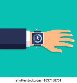 Fitness steps and run tracker app at the smart watch display. Pedometer concept. Day activity and tracking data. Vector illustration.