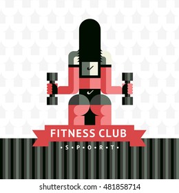 Fitness sticker logo in vector sovermennom flat geometric style with a ribbon. Girl with dumbbells Rear view on the background of the arrow seamless pattern. Template for flyers, business cards, cover