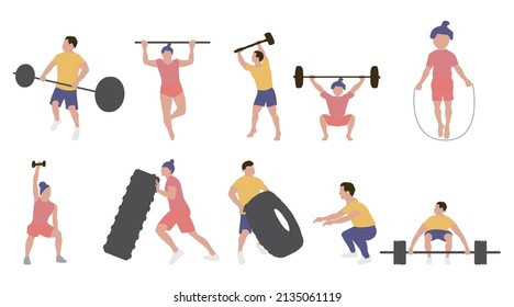 Fitness stickers collection set, cartoon style flat design Premium Vector