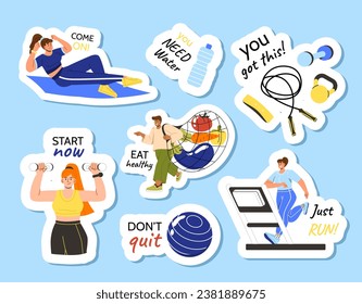 Fitness stickers set. You need water, eat healthy. Active lifestyle and sport, training and diet. Start now and just run. Cartoon flat vector collection isolated on blue background