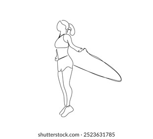 Fitness Stretching Konzept.  Einzelne durchgehende Linie Zeichnung junge sportliche Frau Zug Springen mit Sprungseil in Sport-Turnverein Zentrum. Handgemachte Vektor nicht AI.