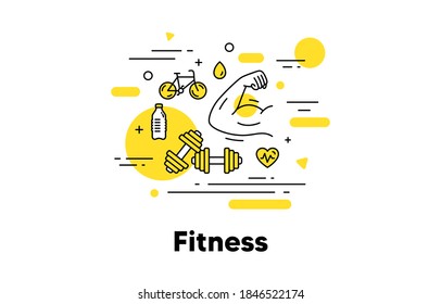 Fitness strong arm line icon. Muscle hand, muscular gym fit, dumbbell workout. Fitness strength, strong biceps flex, gym equipment icon. Sport bicycle, water bottle and dumbbell exercise. Vector