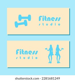 Fitness studio school flyer with silhouette of women in sportswear standing and doing a workout with dumbbells on blue background. Vector illustration