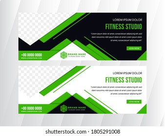 fitness studio training use horizontal layout banner template design. Combination light green, white and black colors. Triangle space for photo collage. Abstract geometric design. 