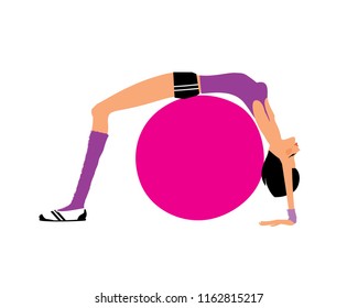 Fitness style girl doing bridge exercises on the fit ball. Vector illustration.