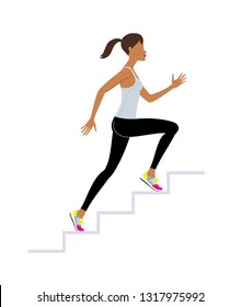 Fitness style woman running up the stairs. Vector illustration.