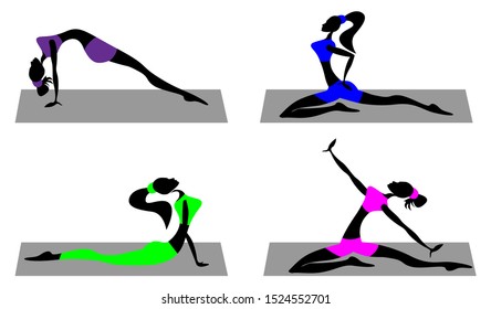 Fitness stylized girls doing yoga set. Vector illustration