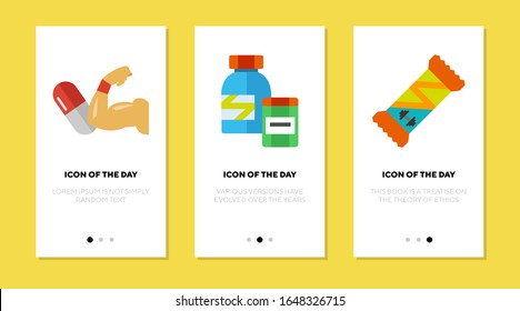 Fitness supplements flat icon set. Calorie, muscle, workout isolated vector sign pack. Sport and bodybuilding concept. Vector illustration symbol elements for web design and apps