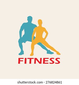 Fitness symbol or label with muscled man and woman silhouettes. Vector illustration.