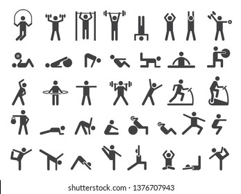 Fitness symbols. Sport exercise stylized people making exercises vector icon