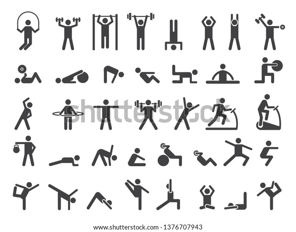 Fitness symbols. Sport exercise stylized people\
making exercises vector\
icon