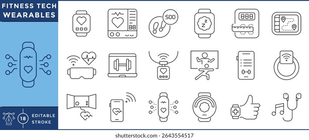 Fitness tech and wearables icons set. 18 line icons. Vector editable stroke. Fitness, track, smartwatch, ring, smartphone, virtual, GPS.