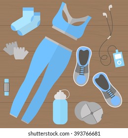 Fitness theme - set of flat and fitness elements of cloths, shoes, gloves, socks, fitness wristband, baseball cap, player, bottle. Fitness concept vector illustration. Fitness woman set, top view.