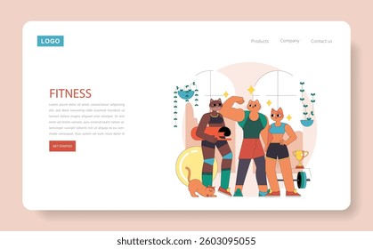 Fitness theme showcasing a group of diverse characters engaged in healthy activities. The illustration emphasizes teamwork and motivation in a vibrant gym environment. Promotes a balanced lifestyle