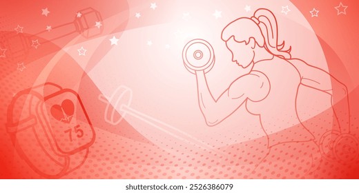 Fondo temático de fitness. Ilustración estilizada con un esquema de colores rojo y blanco, con una mujer levantando pesas, un monitor de frecuencia cardíaca que muestra 75 y varios artículos relacionados con el fitness.