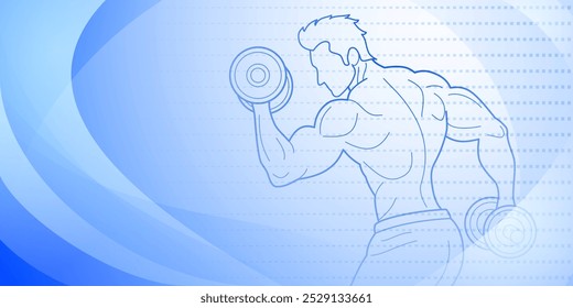 Fondo temático de fitness. Ilustración estilizada de un hombre levantando pesas, con un esquema de color azul y blanco que le da una sensación dinámica y energética.