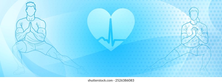 Fitness themed banner. Graphic design with two silhouettes of people engaged in different sports activities, set against a blue background with abstract shapes and a heart symbol.