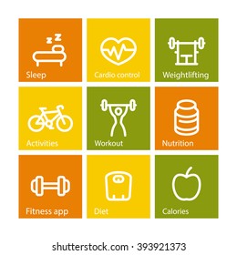 Fitness thick line icons, active lifestyle, workout, fitness icons on squares, vector illustration