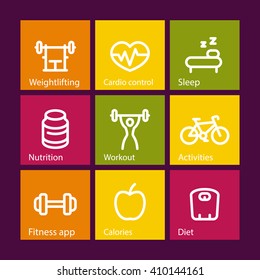 Fitness thick line icons, fit and active lifestyle, strength training, workout, fitness icons on varicolored squares, vector illustration