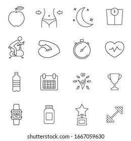 Fitness thick line icons, healthy lifestyle, training, workout, biceps icon isolated over white, vector illustration. Premium symbols.