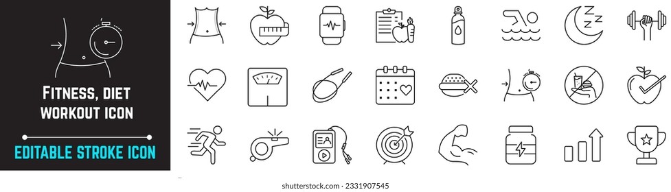 Fitness Thin Line Icons, Icon includes Healthy, Sleep, Diet Plan, Sports Supplements, and More. Lifestyle Editable Stroke Icon